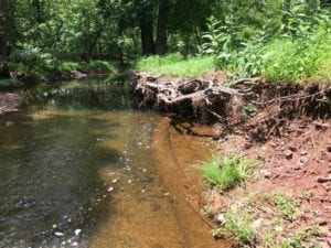 A photograph of an eroded bank with a pipeline exposed.